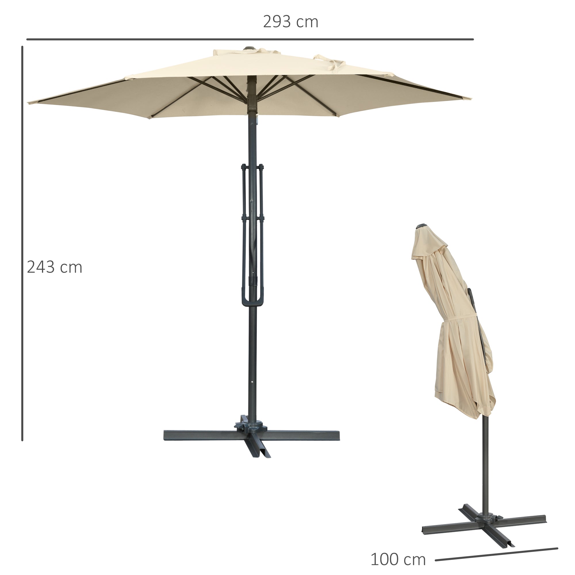 3m Cantilever Patio Parasol with Easy Lever Crank, Cross Base & 6 Metal Ribs - Cream White