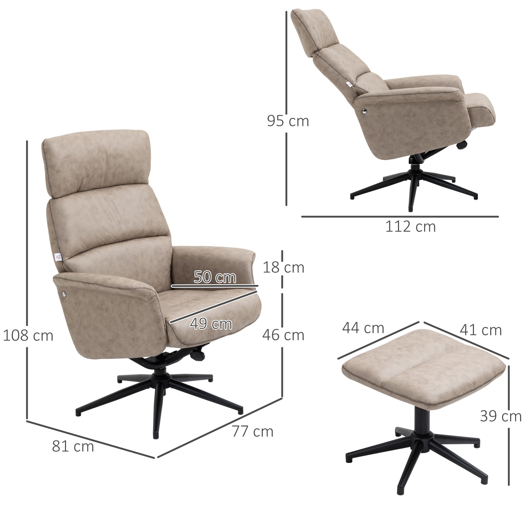Swivel Recliner Chair and Footstool, Upholstered Reclining Armchair with Ottoman, Adjustable and Removable Headrest, Khaki