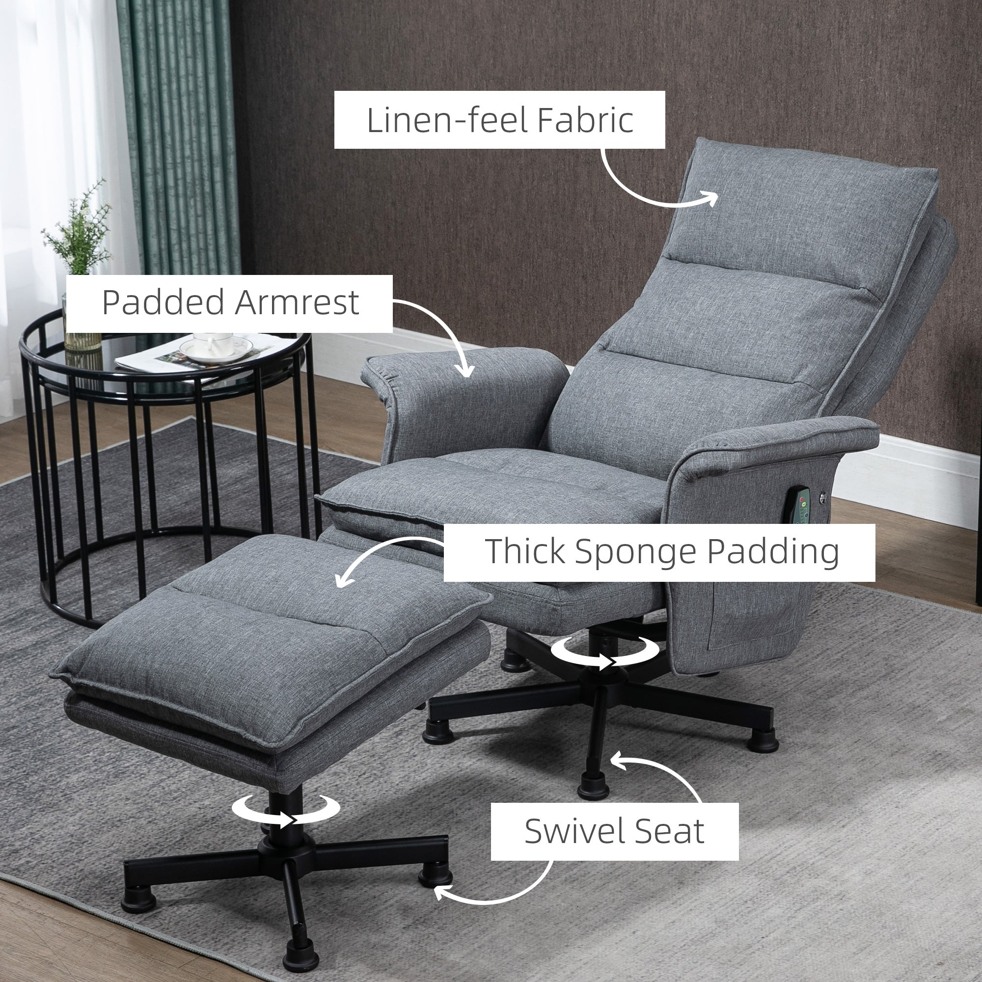 Swivel Recliner Chair and Footstool, Upholstered Massage Recliner Armchair with Remote Control, Timer and Steel Base, Grey