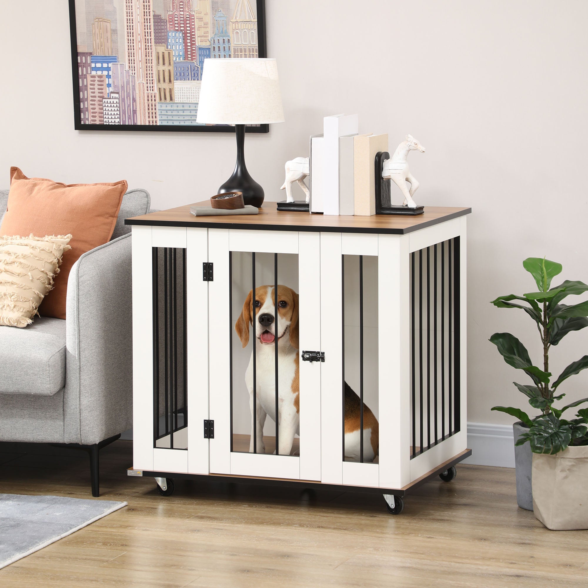 Dog Crate Furniture with Wheels, Dog Cage End Table for Medium Dogs, with Lockable Door, White, 80 x 60 x 76.5cm