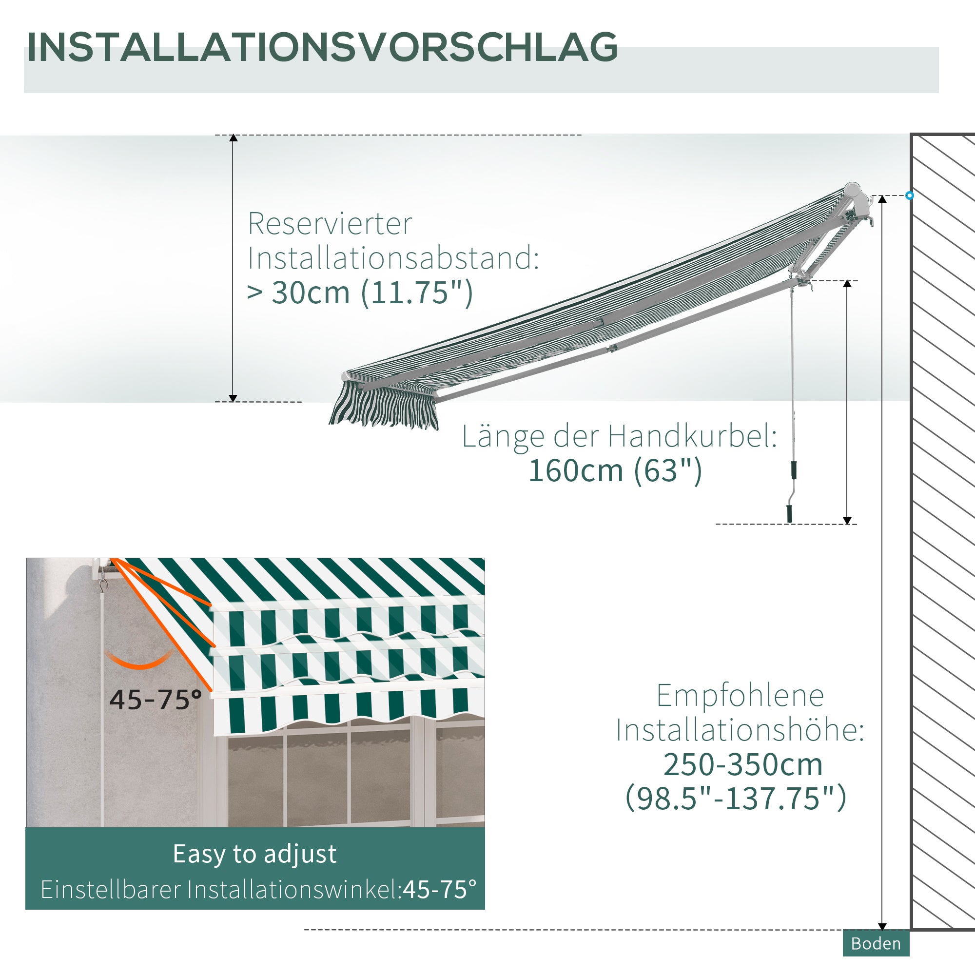 3m x 2.5m Garden Patio Manual Awning Canopy Sun Shade Shelter with Winding Handle Retractable - Green/White