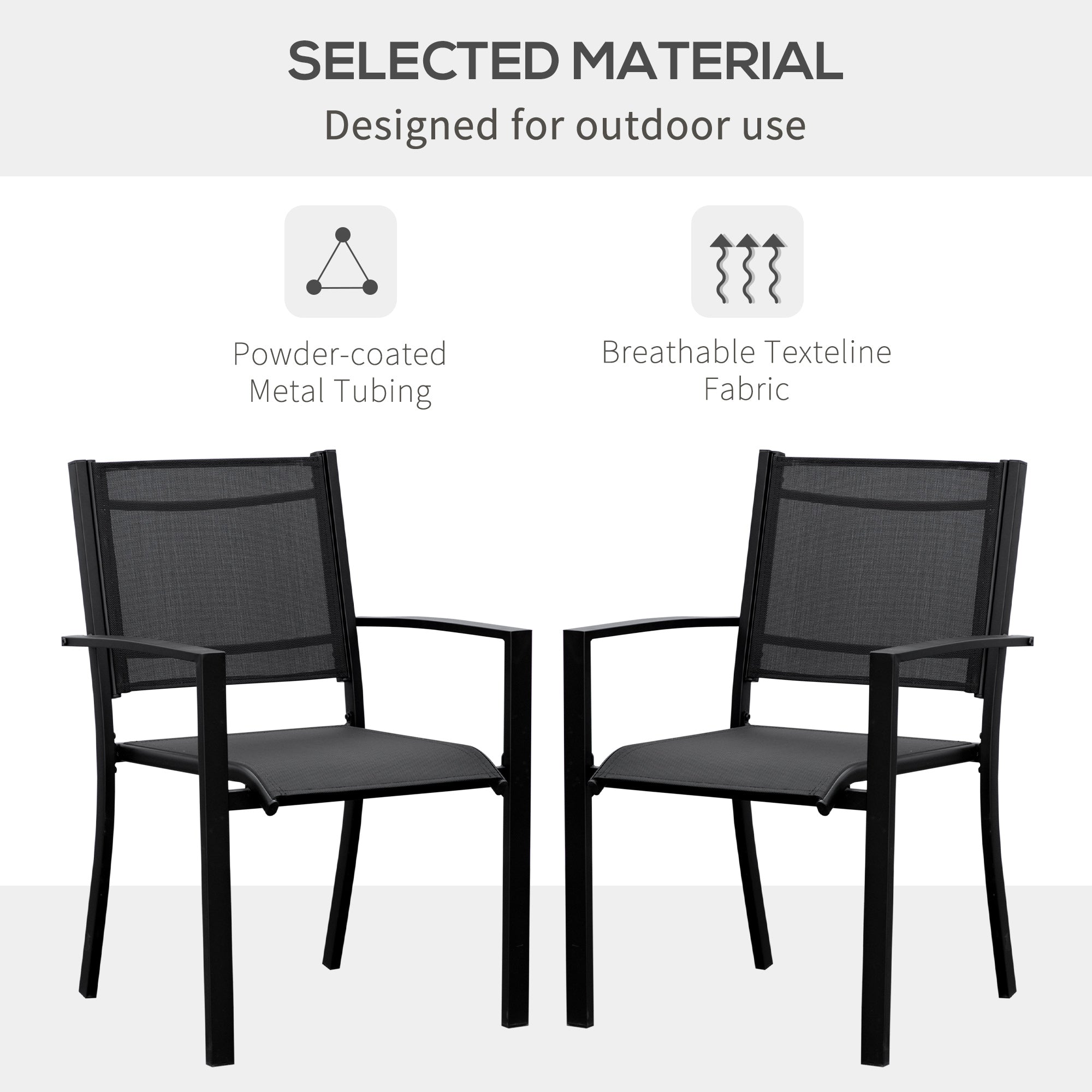 Set of 2 Outdoor Garden Chairs with Steel Frame Texteline Seats for Dining Patio Balcony Black