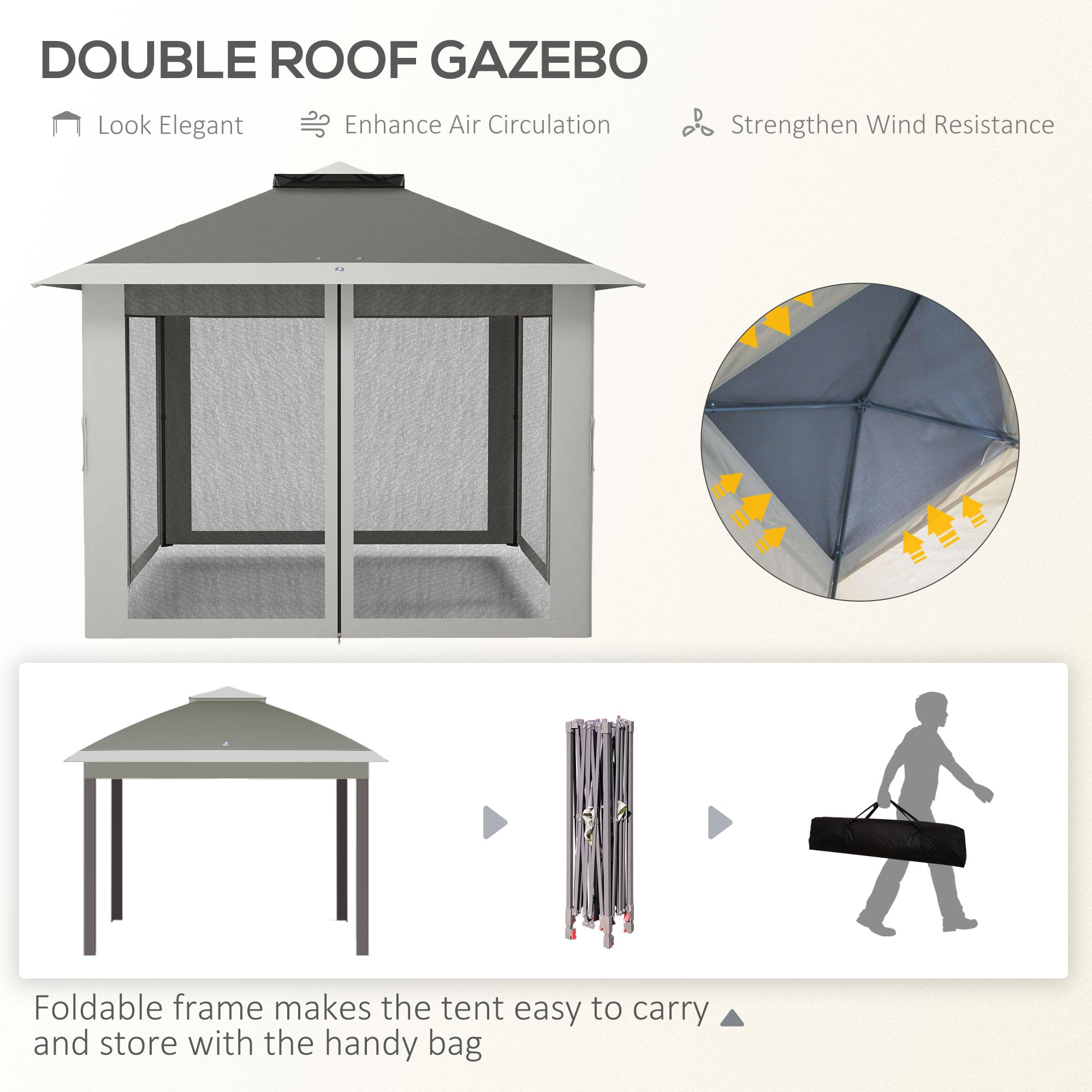 Pop Up Canopy Tent with Double Roof, Zipped Mesh Sidewalls, Carrying Bag, Height Adjustable for Patio Garden, Dark Grey