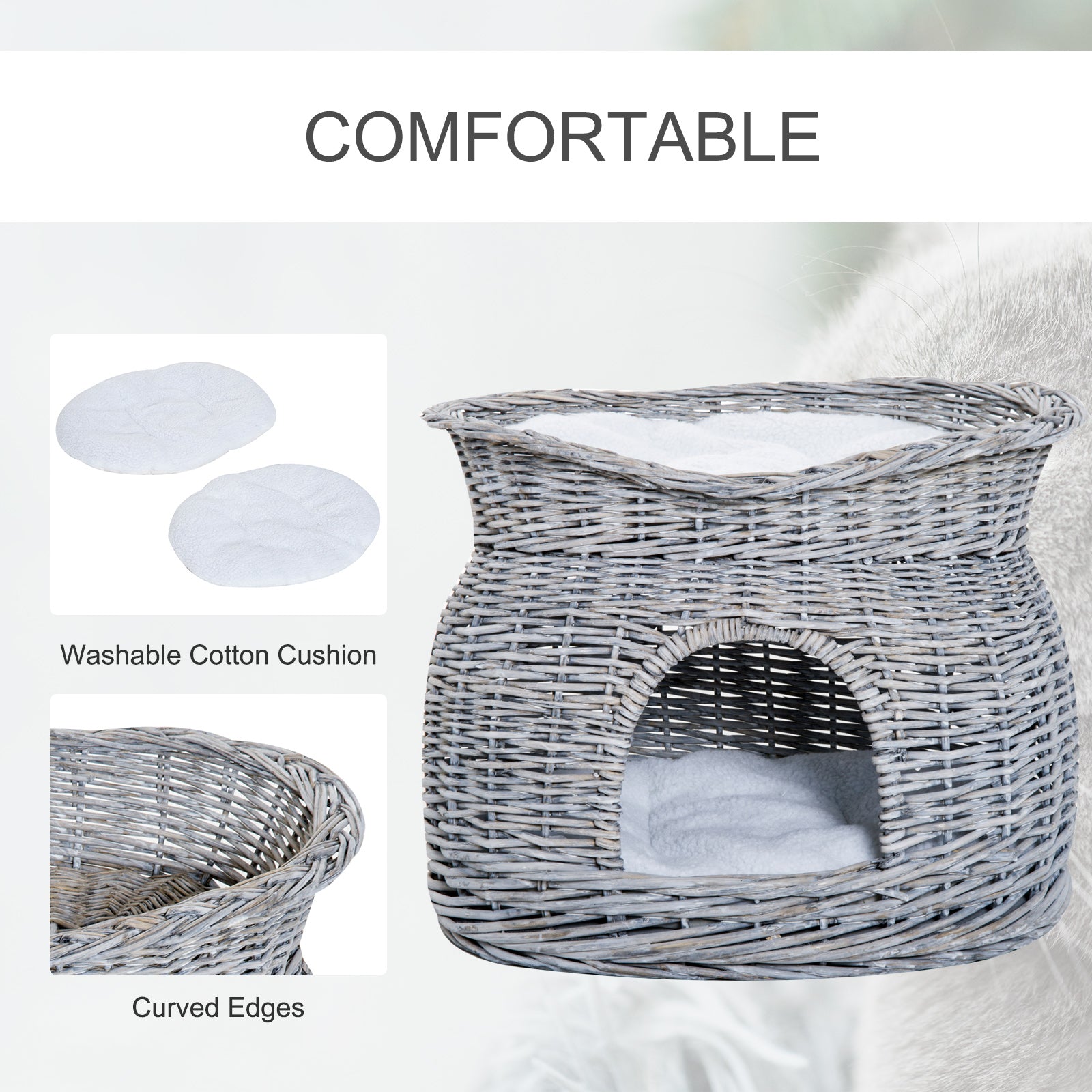 2-Tier Wicker Cat House Elevated Pet Bed Basket Willow Kitten Tower Pet Den. with Washable Cushions 56x37x40cm Grey