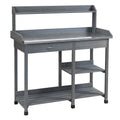 Wooden Garden Potting Table with Galvanized Metal Top and Storage Shelves - Grey
