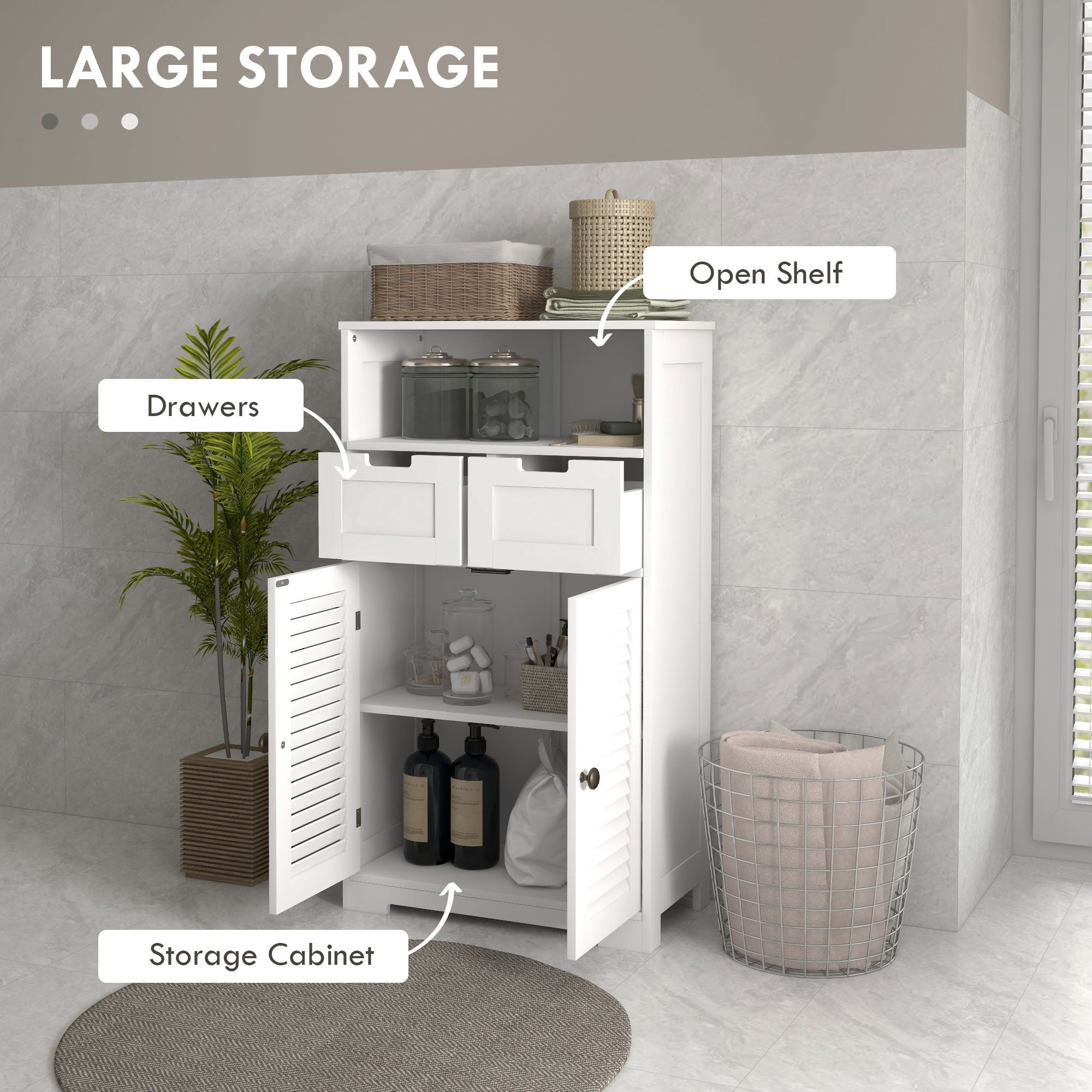 Bathroom Storage Unit with Louvred Doors, Bathroom Floor Cabinet with Drawers, Open Shelf and Adjustable Shelf