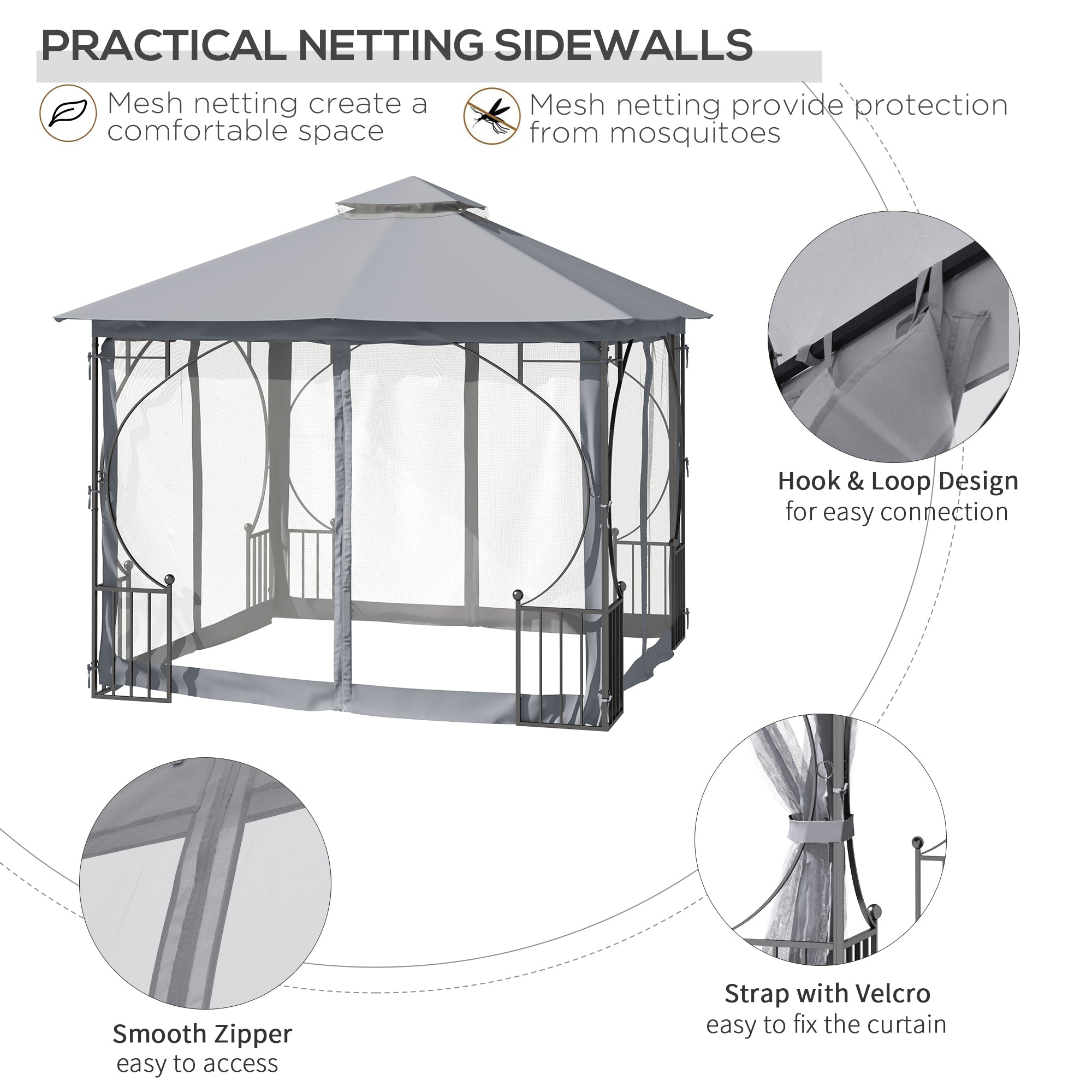 3 x 3 M Garden Gazebo Patio Party Tent Shelter Outdoor Canopy Double Tier Sun Shade Metal Frame Light Grey