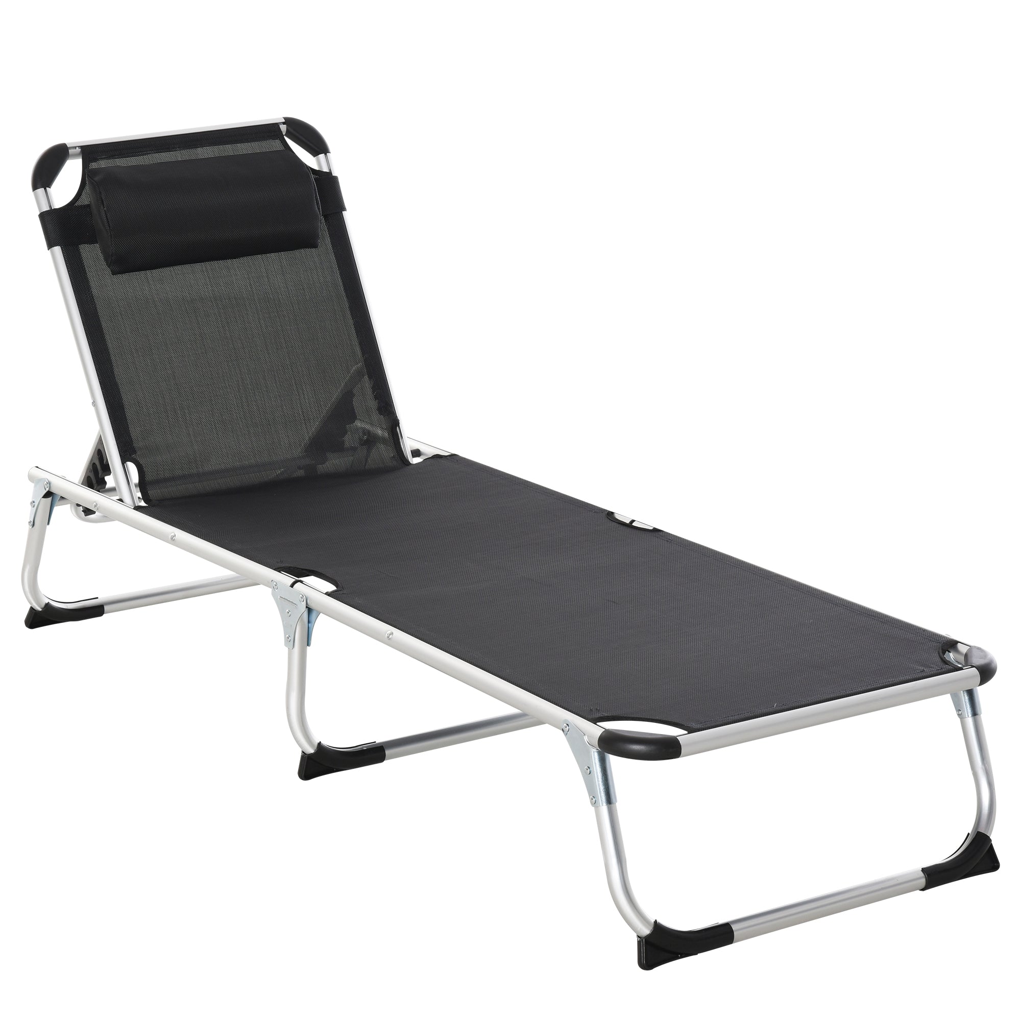 Foldable Reclining Sun Lounger Lounge Chair Camping Bed Cot with Pillow 5-Level Adjustable Back Aluminium Frame Black