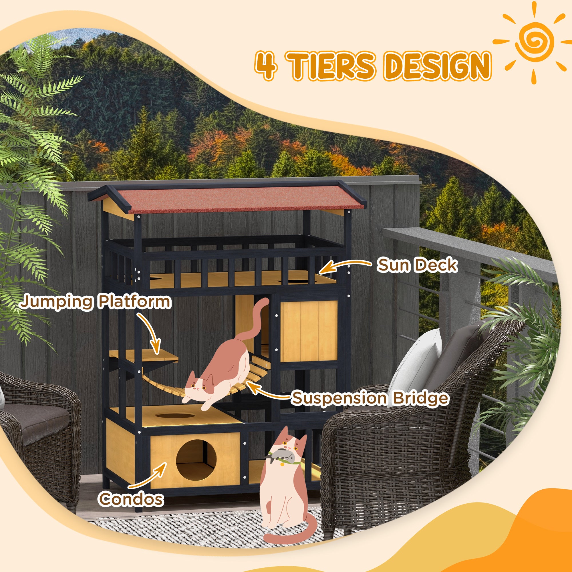 Outdoor Cat Shelter, Four-Tier Wooden Feral Cat House, with Suspension Bridge, Cat Houses, Balcony, Escape Doors