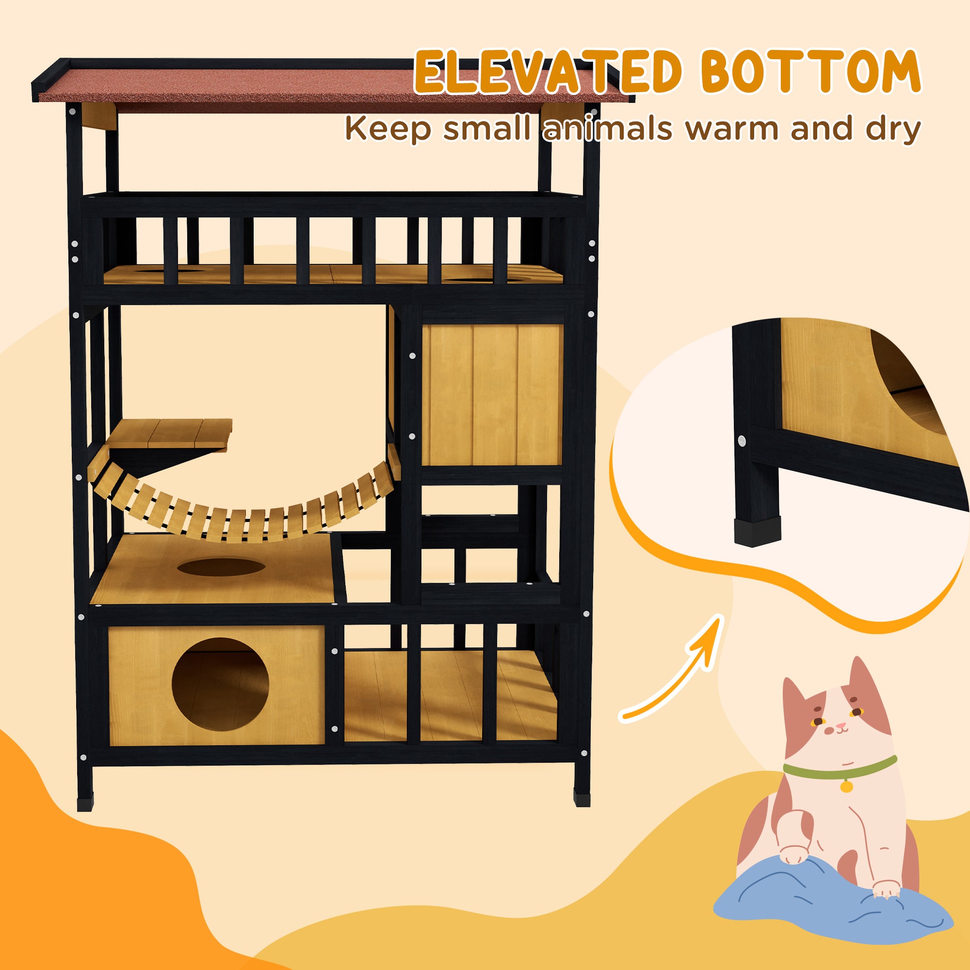 Outdoor Cat Shelter, Four-Tier Wooden Feral Cat House, with Suspension Bridge, Cat Houses, Balcony, Escape Doors