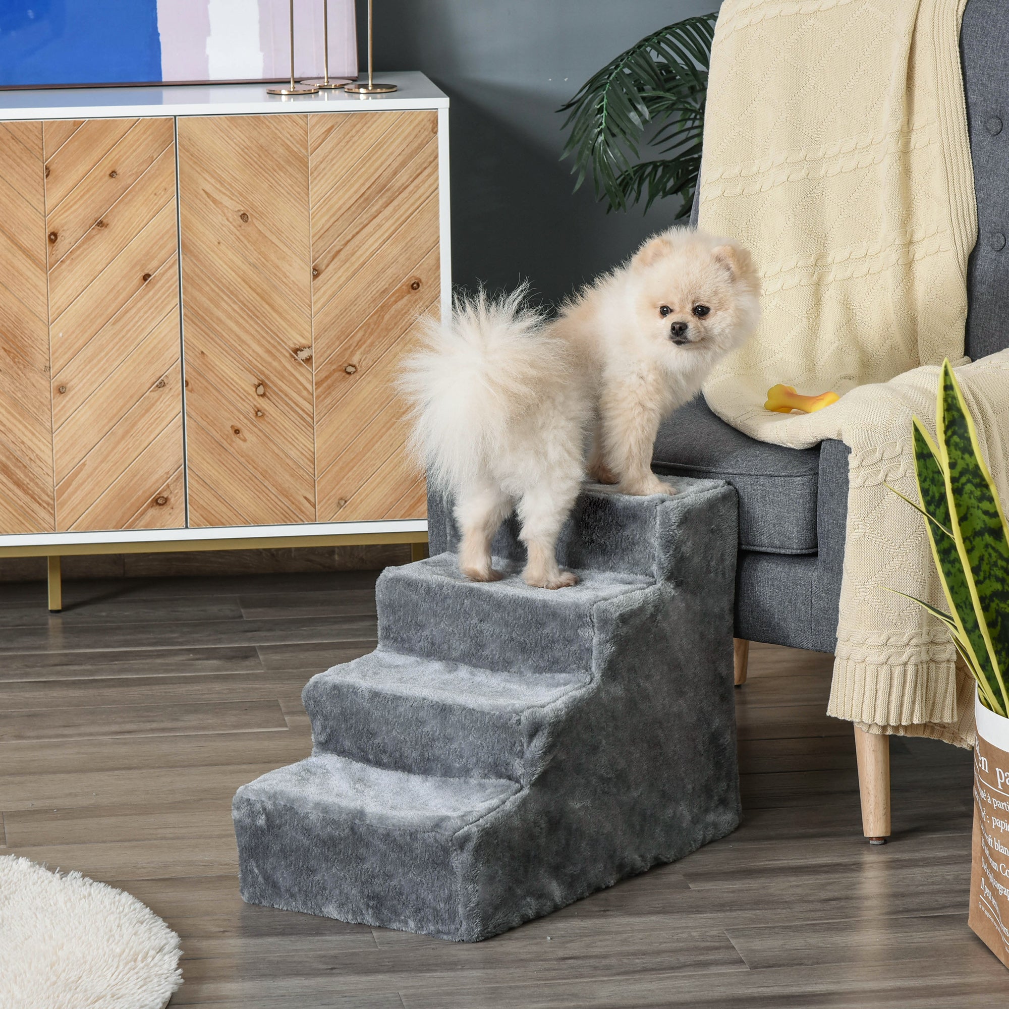 Dog Steps 4-Steps Design with Washable Plush Cover for High Bed Sofa, Dog Stairs for Small Dog and Cat