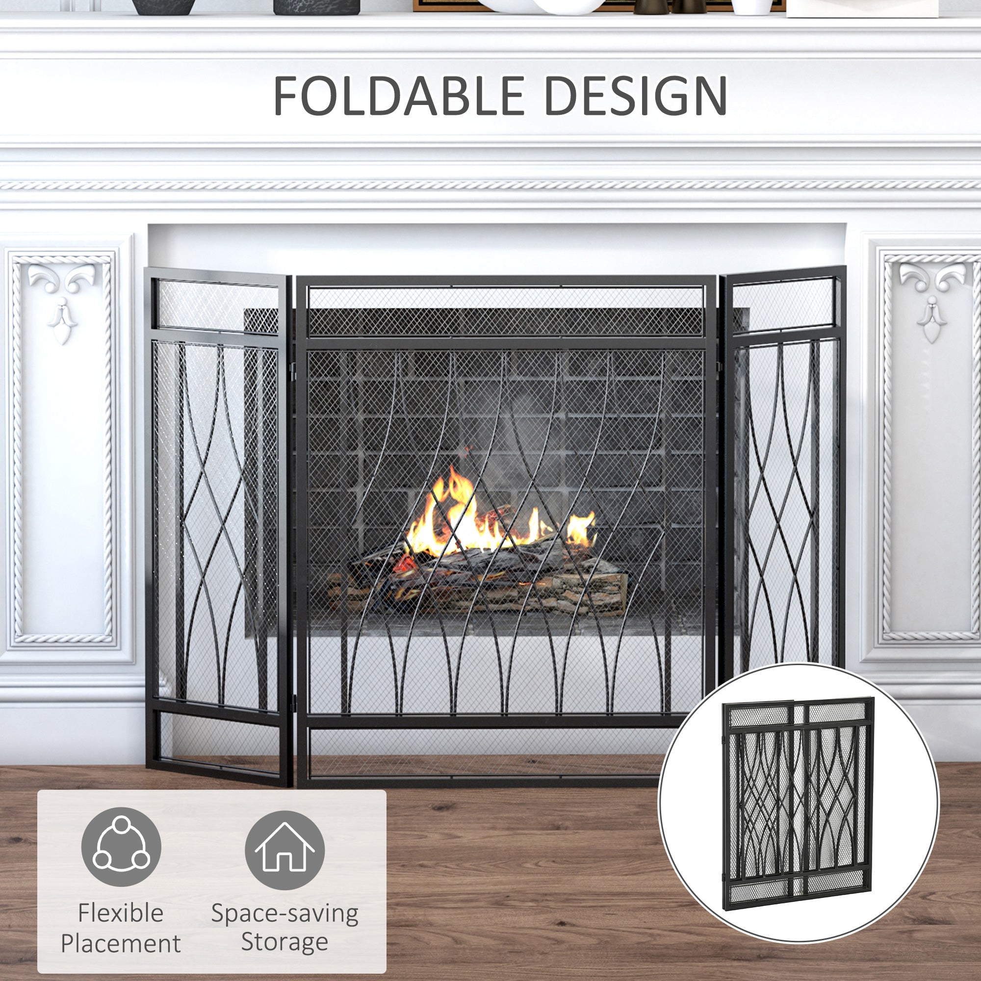 3-Panel Folding Fireplace Screen, Metal Mesh Fire Spark Guard, 126L x 3W x 80H cm-Black