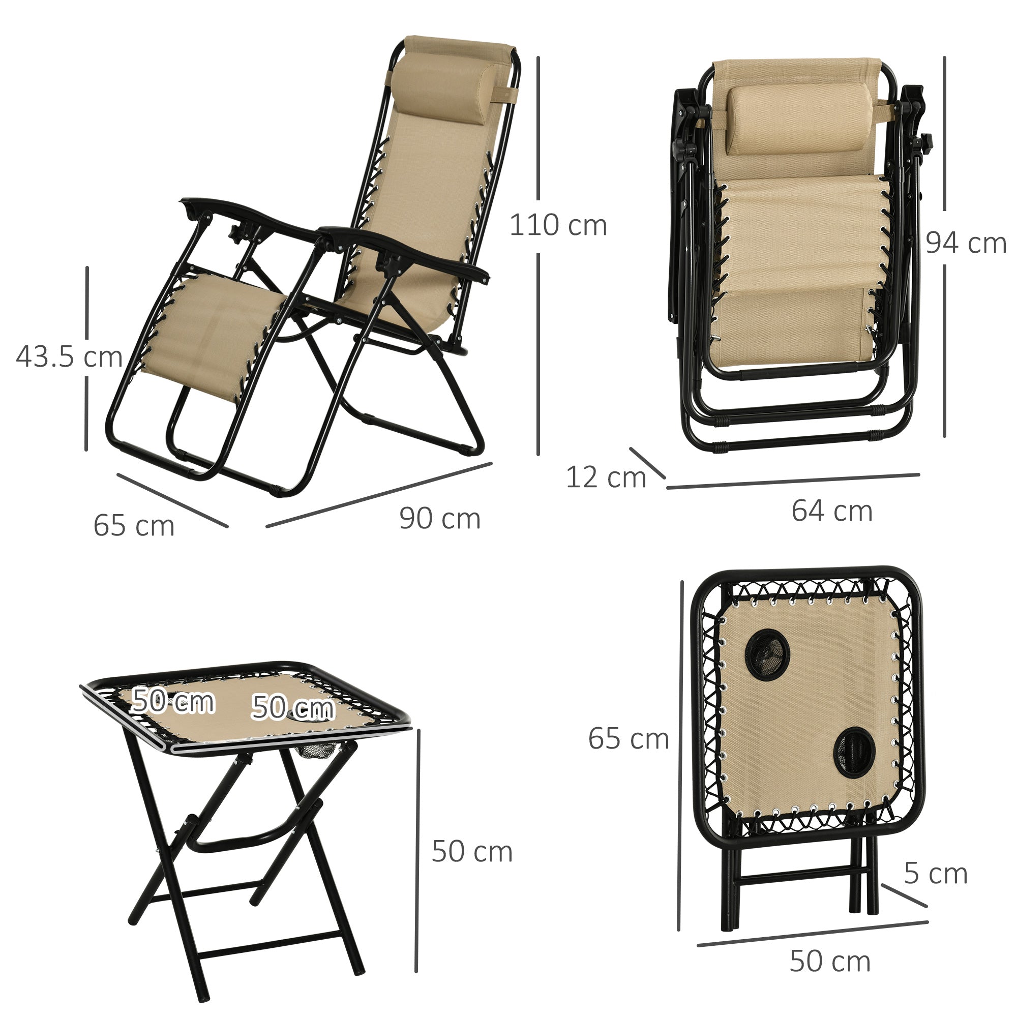 3pcs Folding Zero Gravity Chairs Sun Lounger Table Set w/ Cup Holders Reclining Garden Yard Pool, Beige