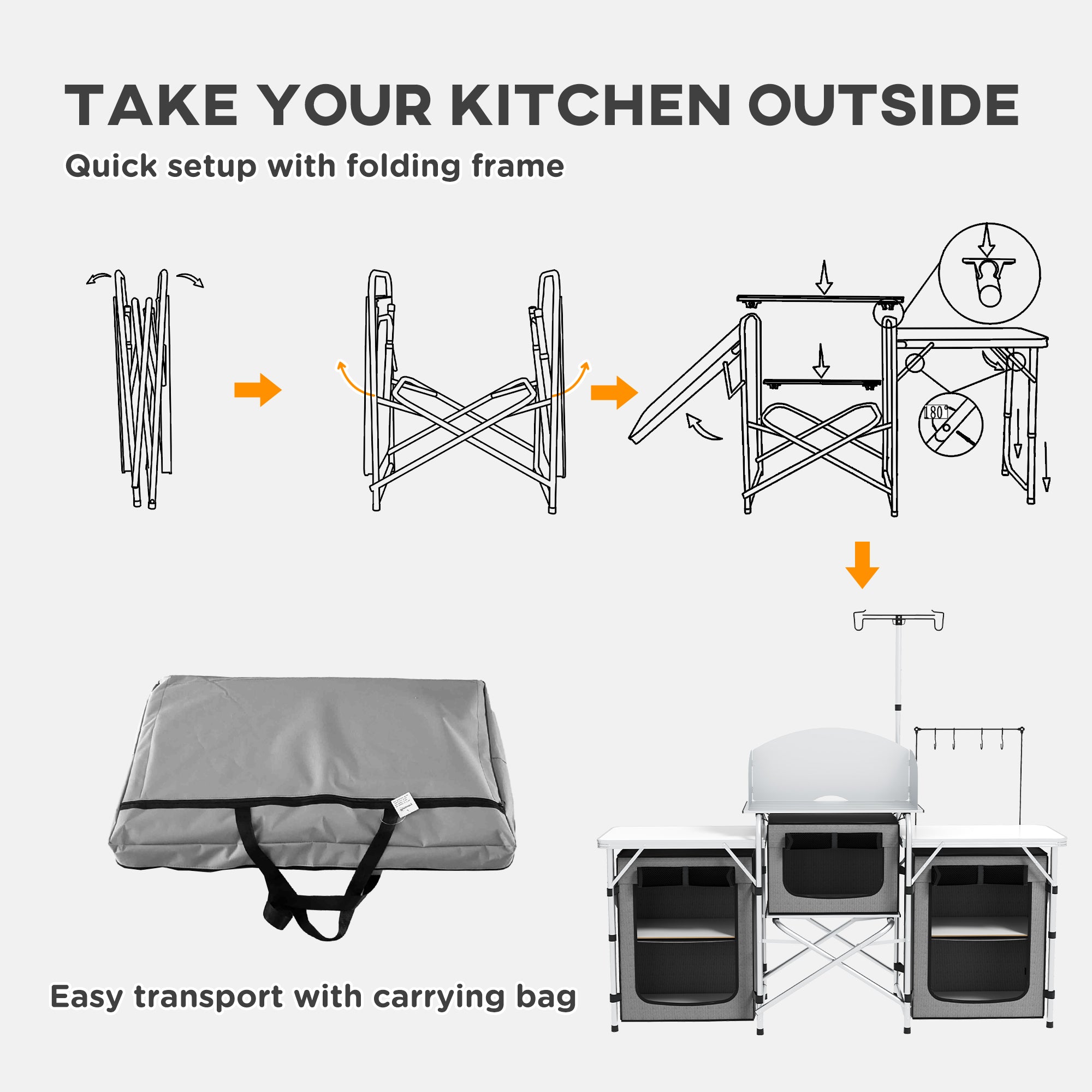 Portable Folding Camping Kitchen Table with Cupboards and Windshield Grey