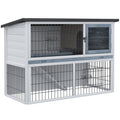 Two-Level Small Animal Fir Wood Hutch with Slide-Out Tray - Grey