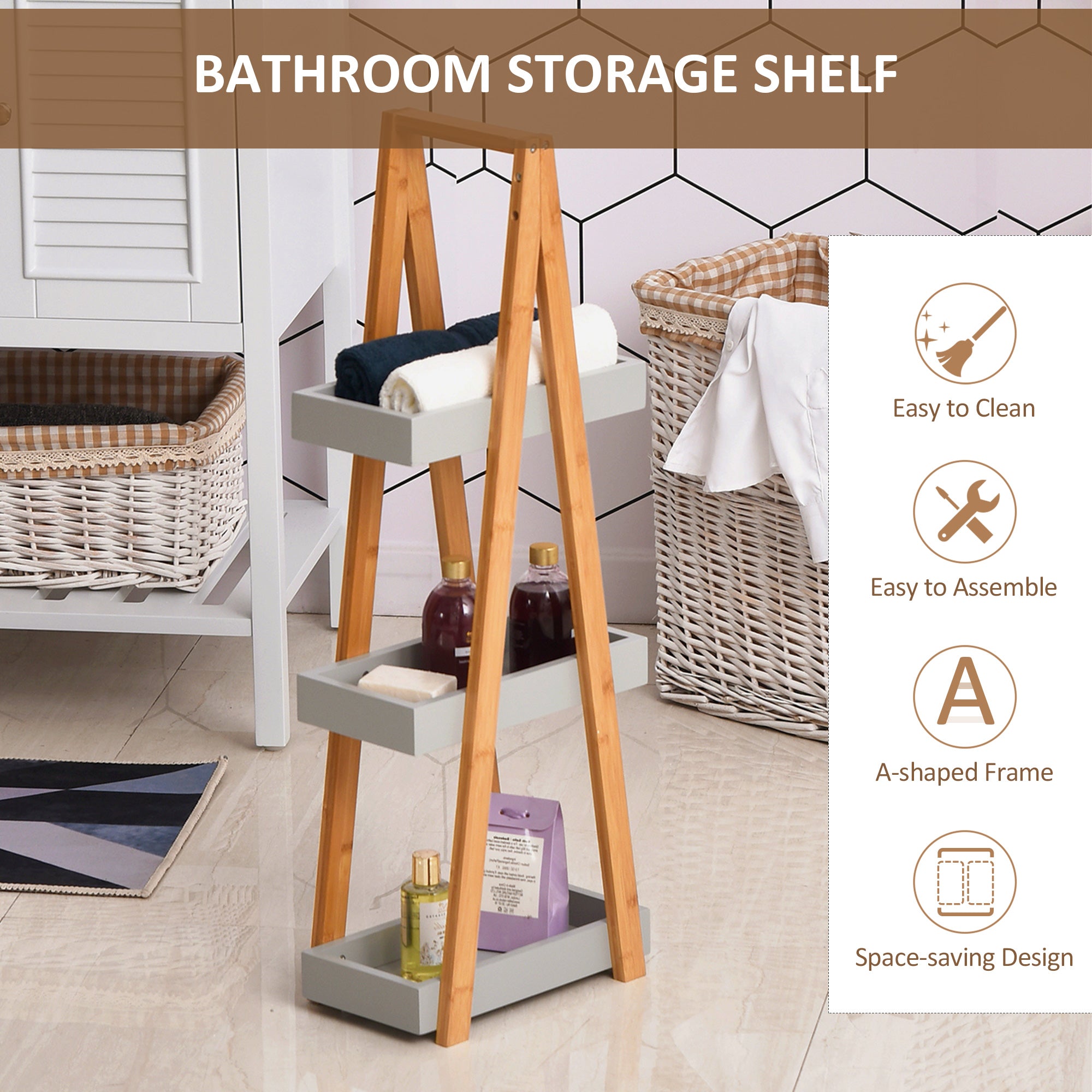 Bathroom Storage Shelves, 3-Tier Slim Shelving Unit, Freestanding Bamboo Shelf Unit, A Frame Space Saver Toilet Rack, Natural