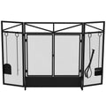 3 Panel Folding Fire Guard Screen with Fireplace Tool Set and Front Doors - Black