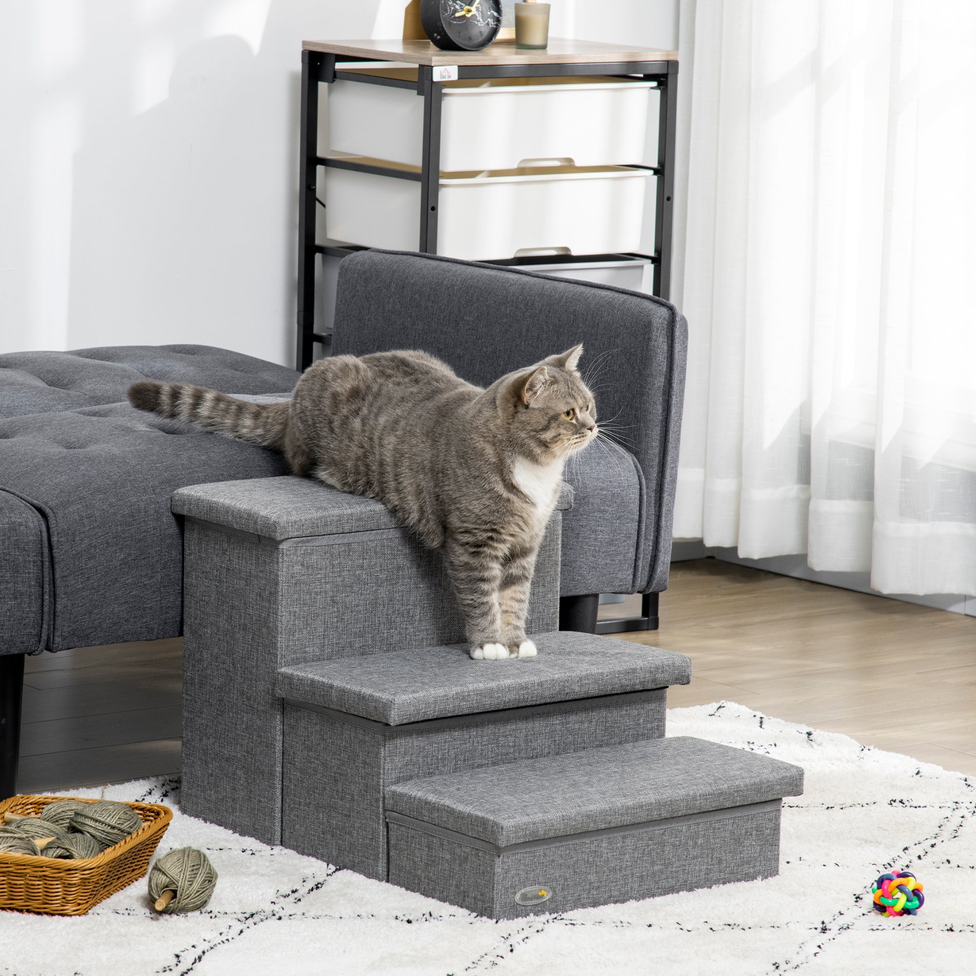 Cat Stairs with Storage Boxes, 3 Steps Dog Stairs for Bed, Pet Ladder for Couch Sofa, Easy Installation, 63.5 x 42.5 x 40.5 cm, Light Grey