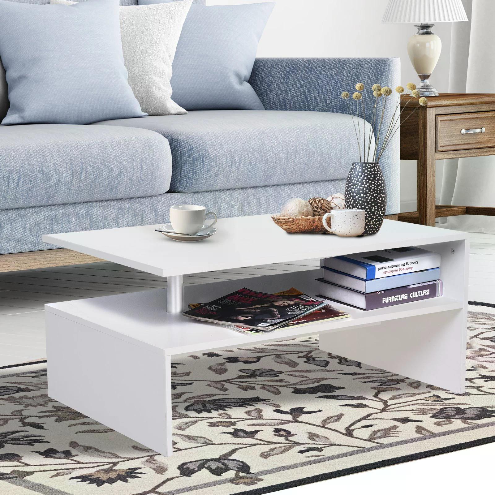 2-Tier Coffee Table Side/End Table Modern Rectangular Design w/ Open Shelf Living Room Entryway Hallway Furniture White