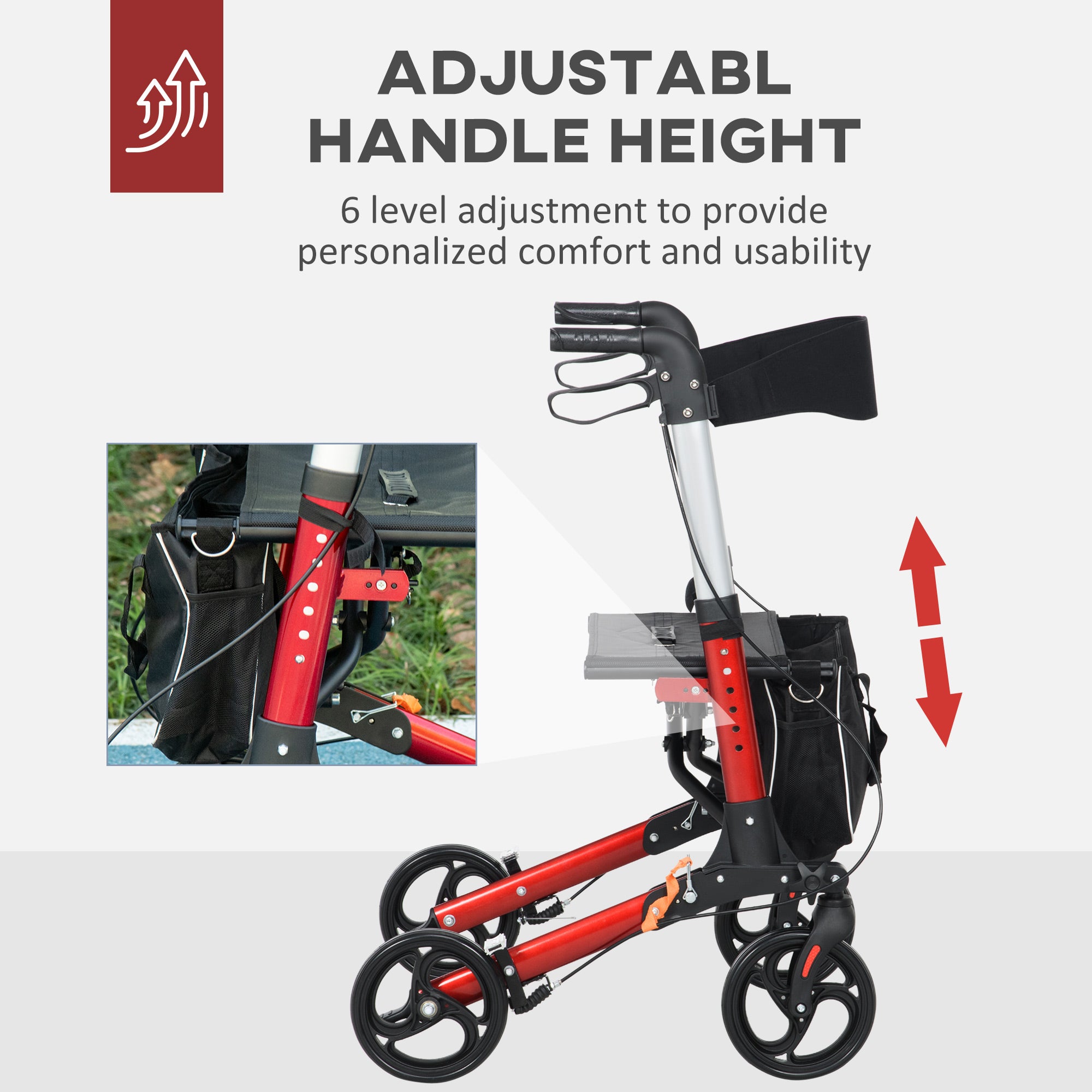 Folding Rollator Walker w/ Seat & Backrest, Lightweight Walking Frame w/ Adjustable Handle Height, 4 Wheeled Walker, Red