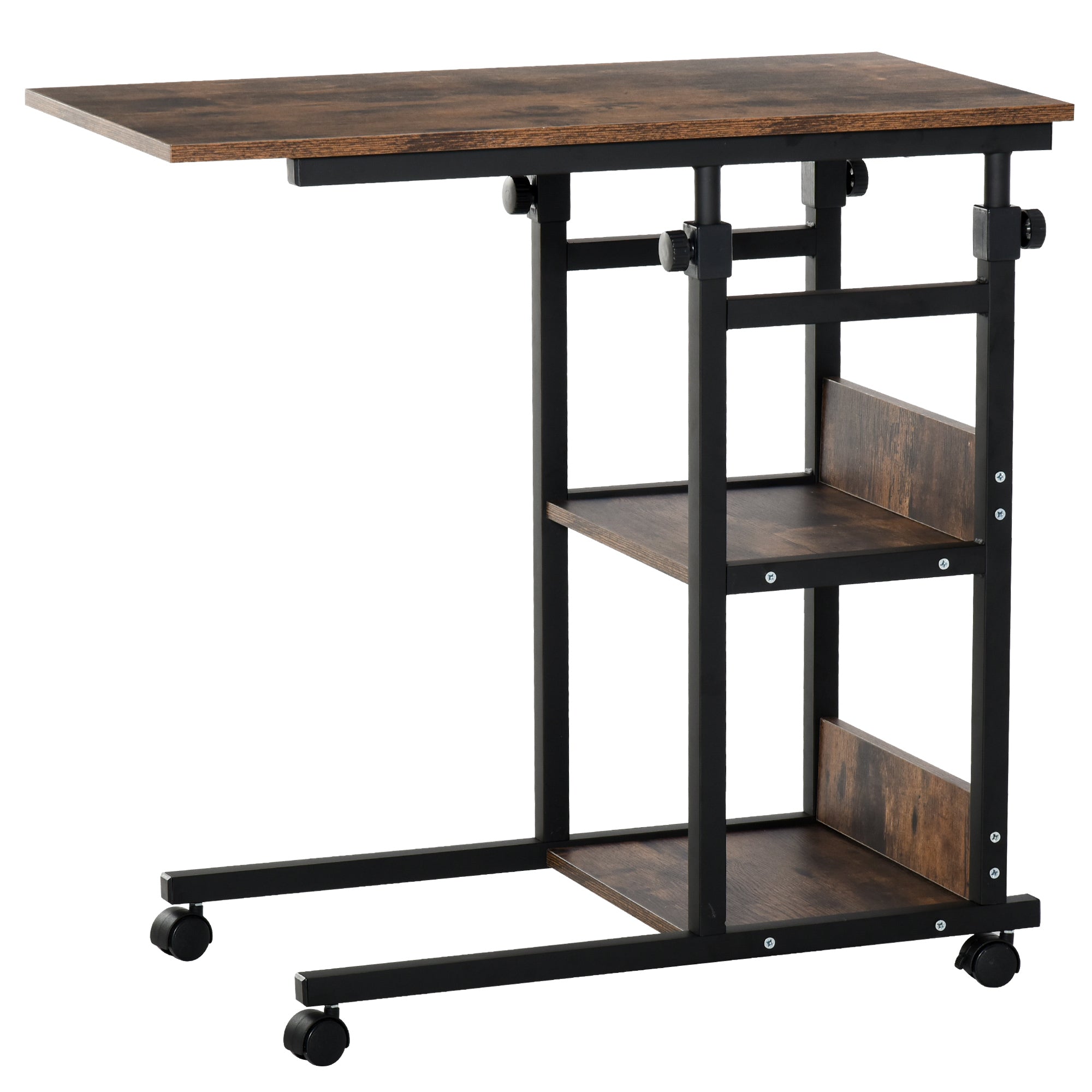 C-Shaped Side Table Industrial Mobile Rolling End Desk with 3-Tier Storage Shelving, Adjustable Height, Wheels