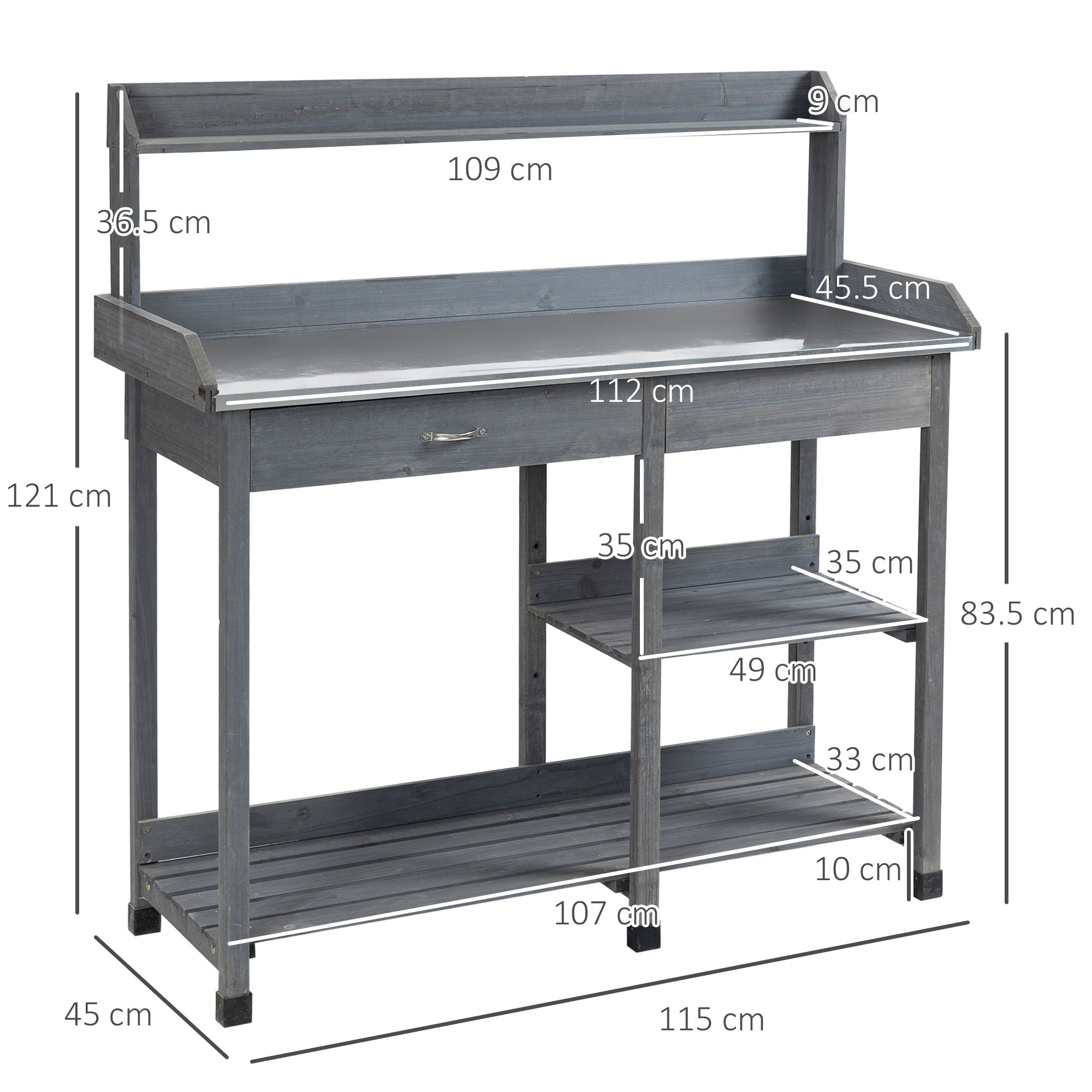 Garden Potting Table, Wooden Workstation Bench w/ Galvanized Metal Tabletop, Drawer, Storage Shelves and Hooks for Courtyards, Balcony