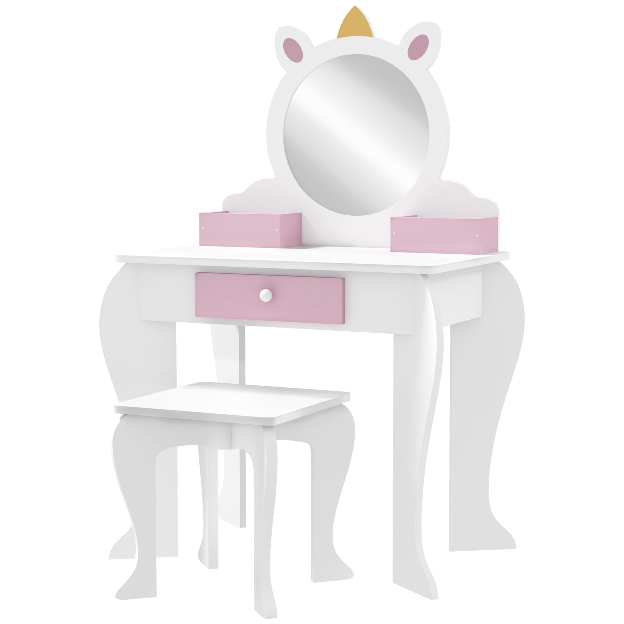 Unicorn-Design Kids Dressing Table, with Mirror and Stool - White