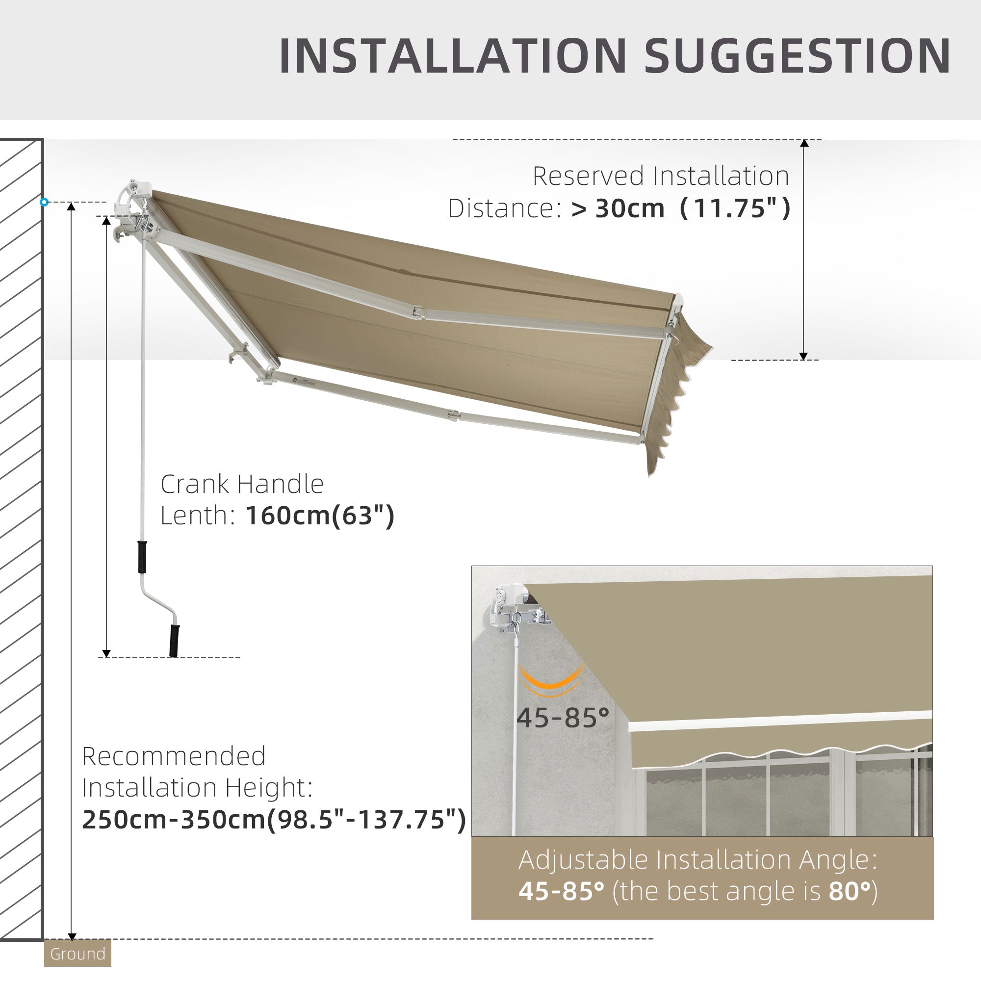 2.5x2 m Manual Retractable Awning-Beige Canopy/White Frame