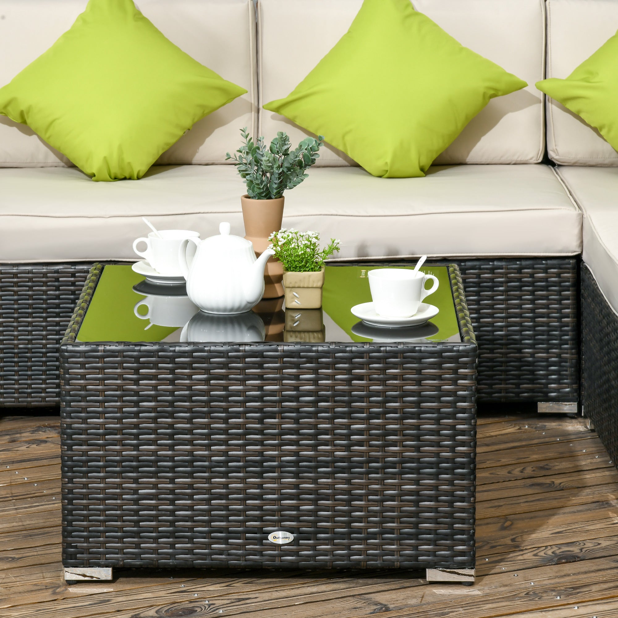 7-Seater PE Rattan Garden Wicker Corner Sofa Set with Cushions & Tempered Glass Table - Brown