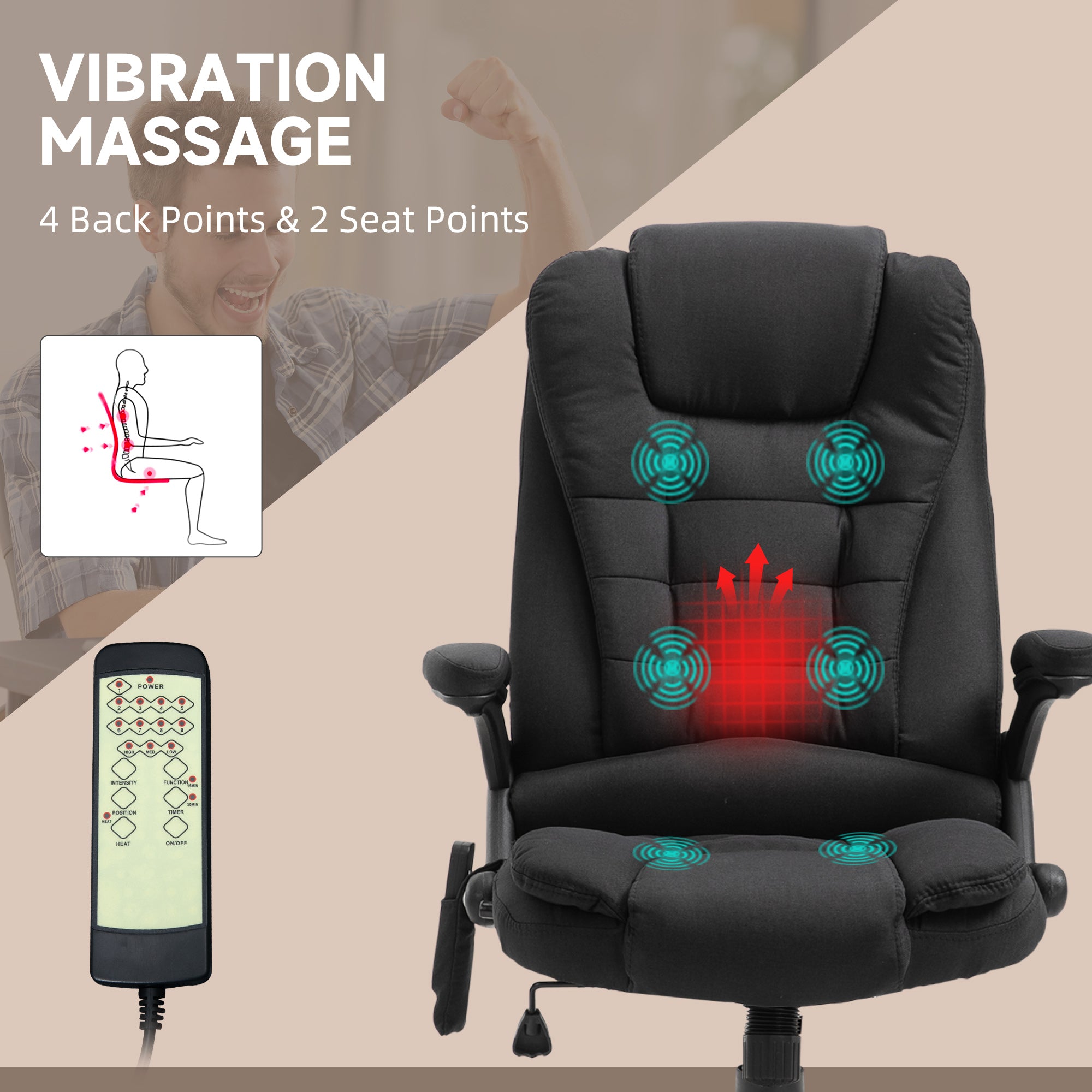 Massage Recliner Chair Heated Office Chair with Six Massage Points Linen-Feel Fabric 360° Swivel Wheels Black