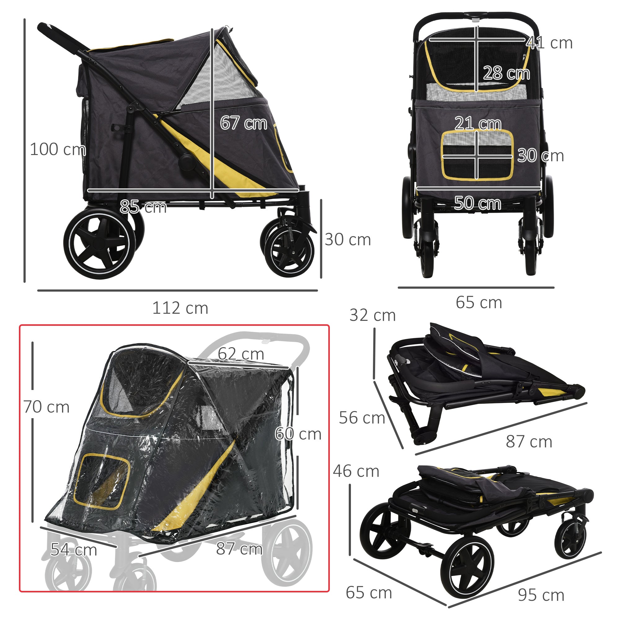 One-Click Foldable Pet Travel Stroller with Rain Cover, Cat Dog Pushchair with Front Wheels, Shock Absorber, Storage Bags, Mesh