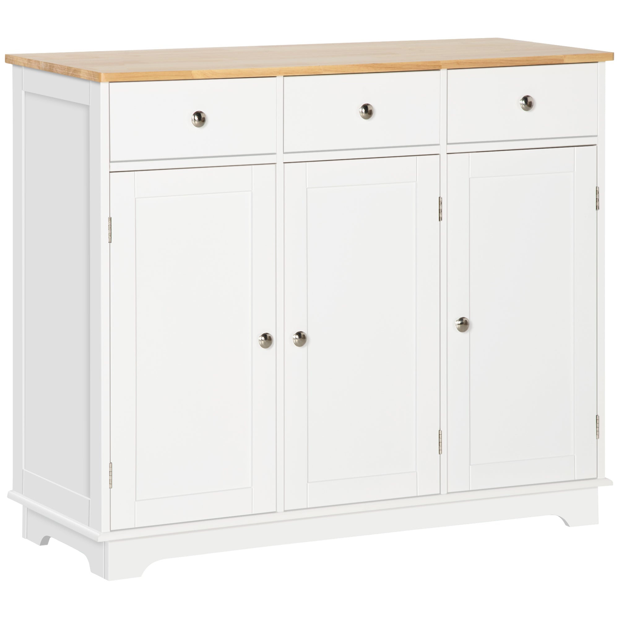 Modern Sideboard with Rubberwood Top, Buffet Cabinet with Storage Cabinets, Drawers and Adjustable Shelves for Living Room, Kitchen, White