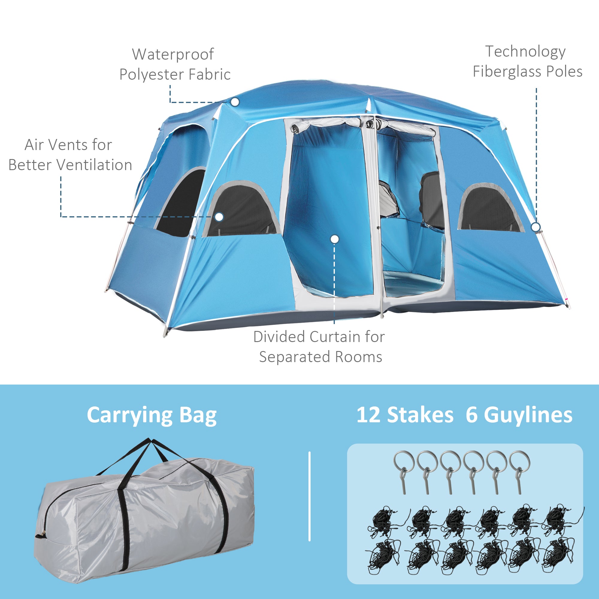 4-8 Person Camping Tent Family Tent with 2 Room, Mesh Windows, Easy Set Up for Backpacking, Hiking, Outdoor, Blue